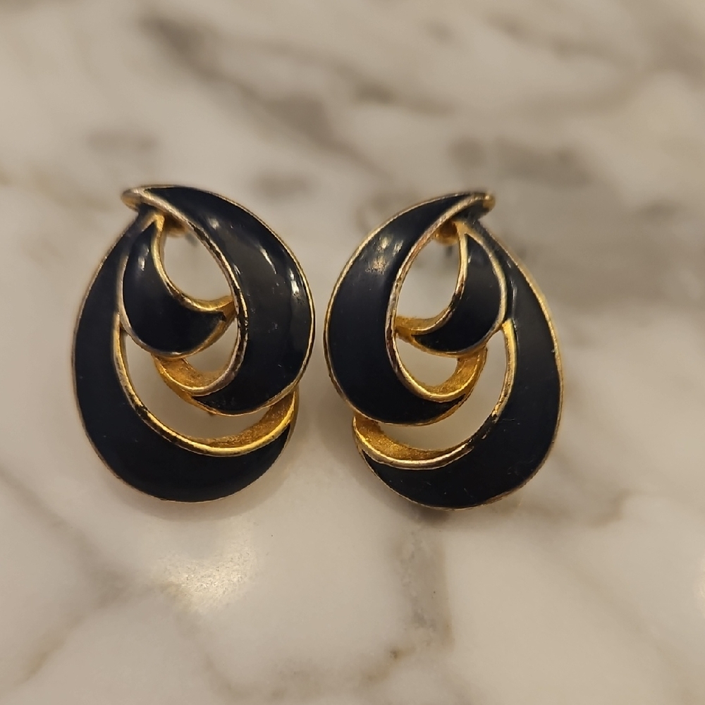 Elegant Navy and Gold Teardrop Earrings - 80s, Vintage